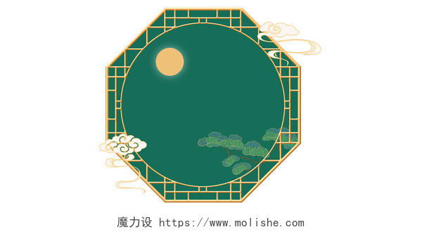 绿色国潮中国风古典山水祥云植物月亮简约文艺清新边框展板背景